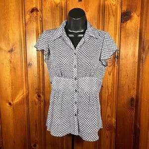 BCX Medium Y2K Peplum Blouse Black Geometric Button Front